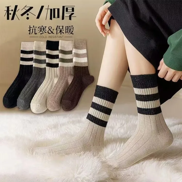 5双装秋冬女士中筒袜运动条纹袜子加厚保暖ins潮百搭鲨鱼裤长筒袜