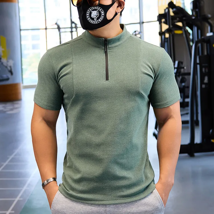 WORKOUT WOLF/撸铁狼双面德绒男士立领短袖健身服半拉链训练衣秋
