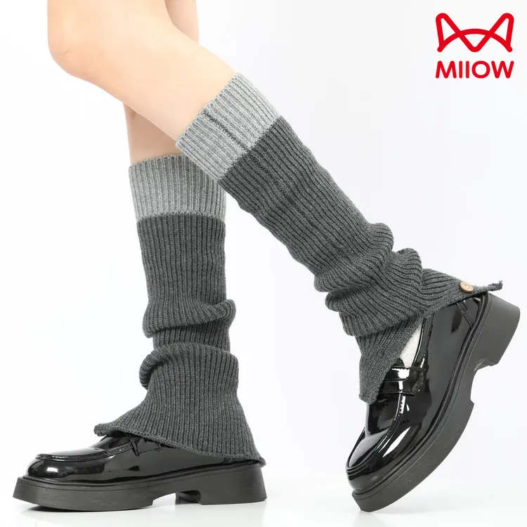 猫人腿套针织撞色拼接中筒袜套JK百搭纽扣堆堆袜条纹保暖小腿袜套