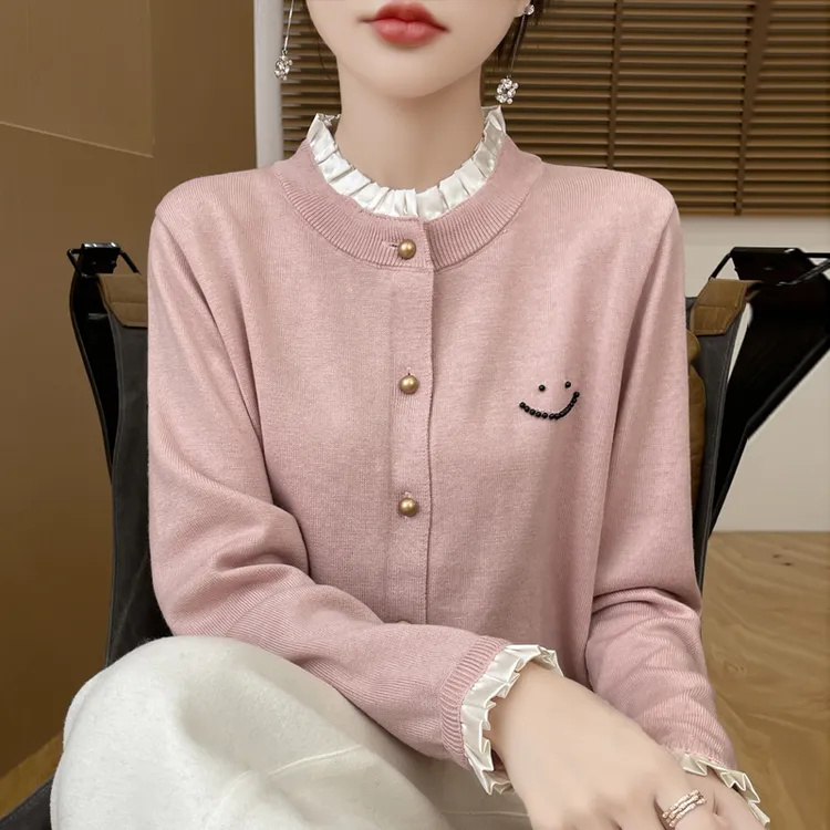 秋冬新款开衫木耳花边长袖毛衣单排扣上衣洋气百搭针织衫打底衫