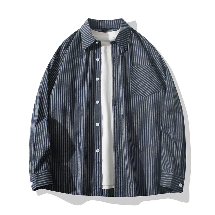 日系复古春秋竖条纹棉质长袖衬衫男女同款小清新宽松休闲衬衣外套
