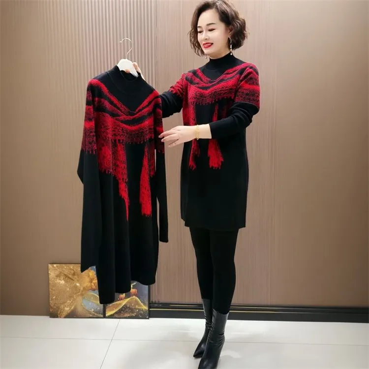 时尚洋气针织大版衫秋冬宽松小个子妈妈装弹力加厚中长打底裙毛衣