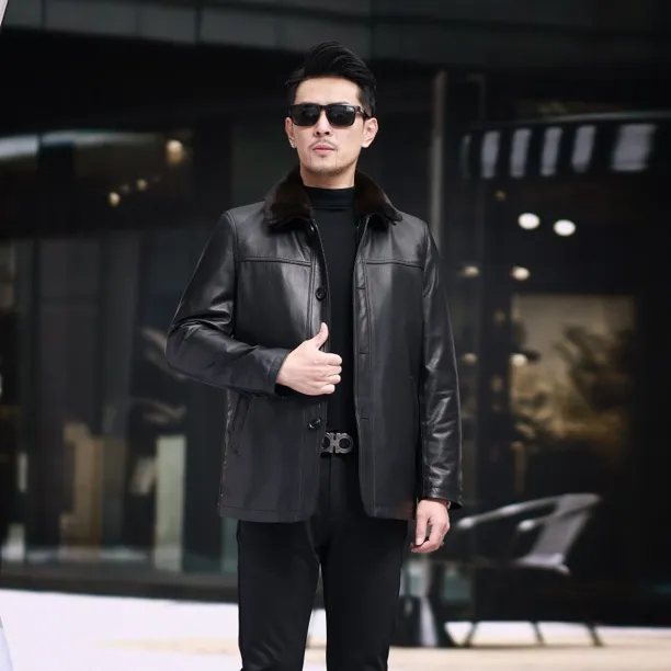 1991 头层牛皮冬款加厚 可拆卸内胆 男士休闲时尚真皮皮衣翻领