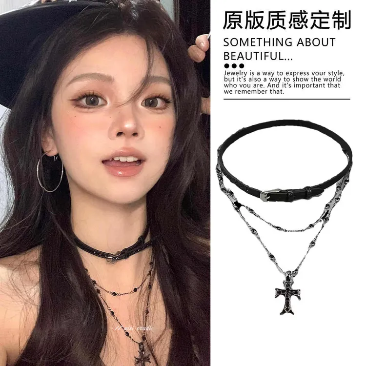 合金项链 黑色十字架choker长款叠戴y2k项链女锁骨链辣妹甜酷颈链