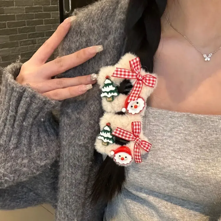 圣诞款毛绒绒五角星发夹少女心卡通节日圣诞老人麋鹿边夹秋冬发饰