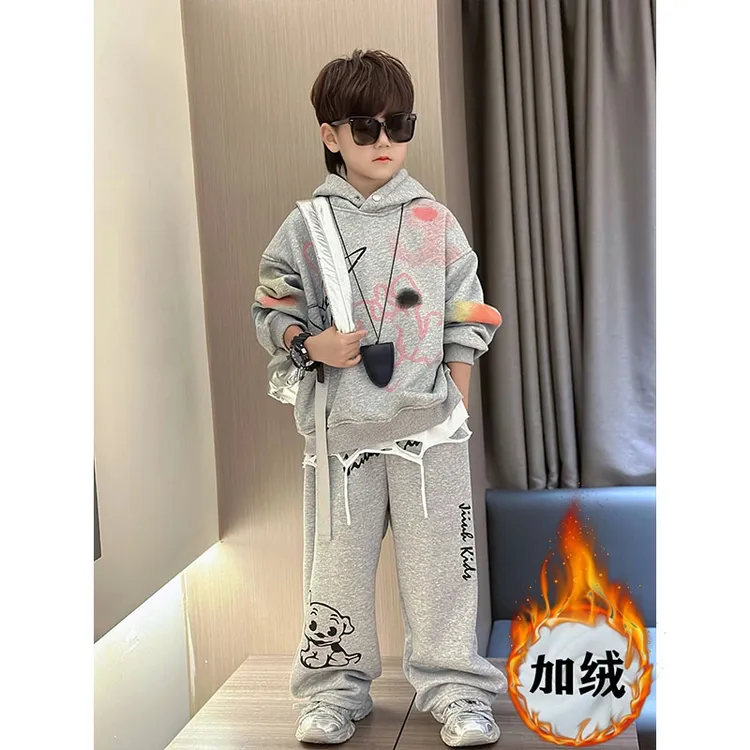 男童加绒加厚秋冬套装帅男孩中大童卫衣冬装儿童时尚运动俩件套潮