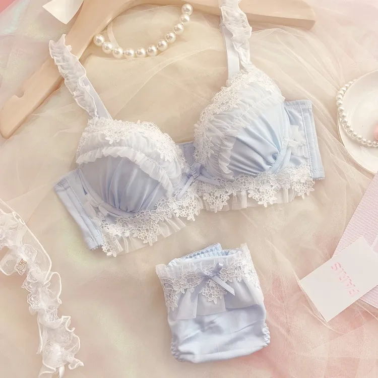日系甜美白色文胸套装纯欲FG杯少女内衣薄款薄杯小胸上托蕾丝显小