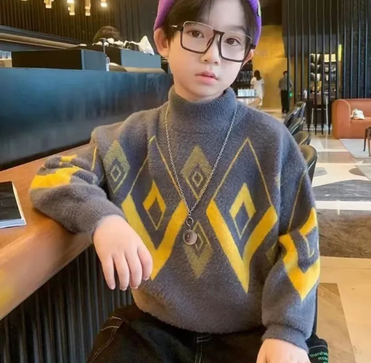 男童水貂绒毛衣2025秋冬新款中大童男孩上衣加厚洋气