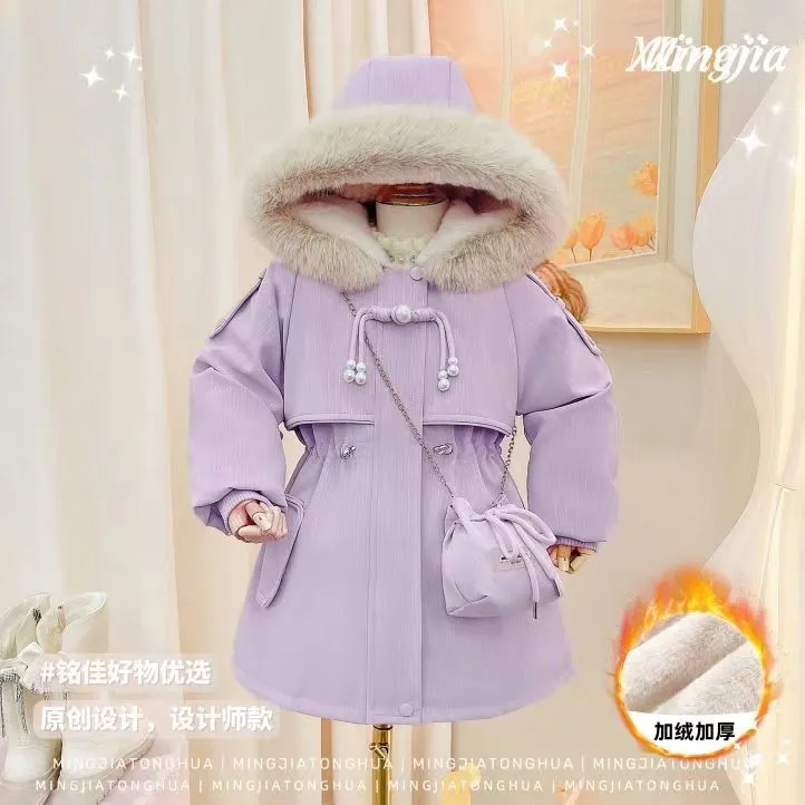 女童韩版冬季皮衣派克服外套夹克百搭中长款加绒加厚洋气连帽秋冬