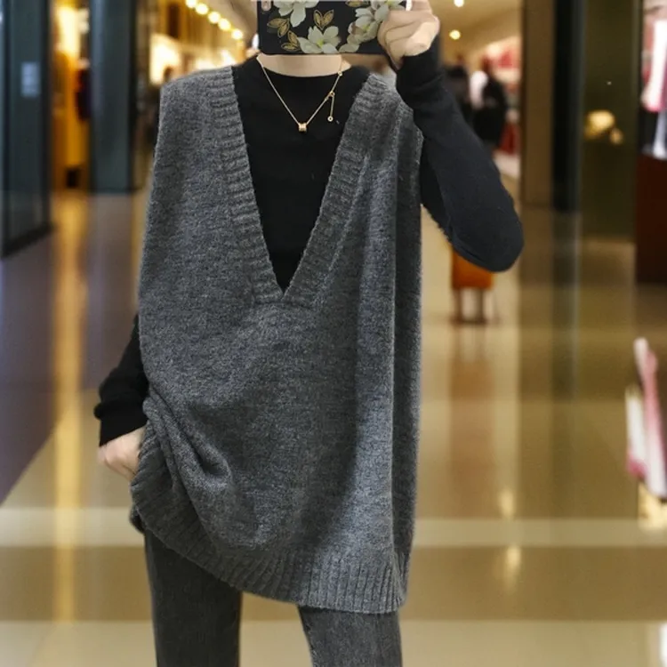 韩国简约休闲宽松毛衣女中长款百搭针织衫深V领无袖马甲背心上衣