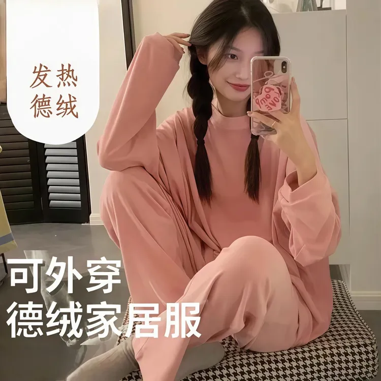 爆款德绒大码睡衣女春秋冬季卡通可爱长袖长裤套装外穿保暖家居服