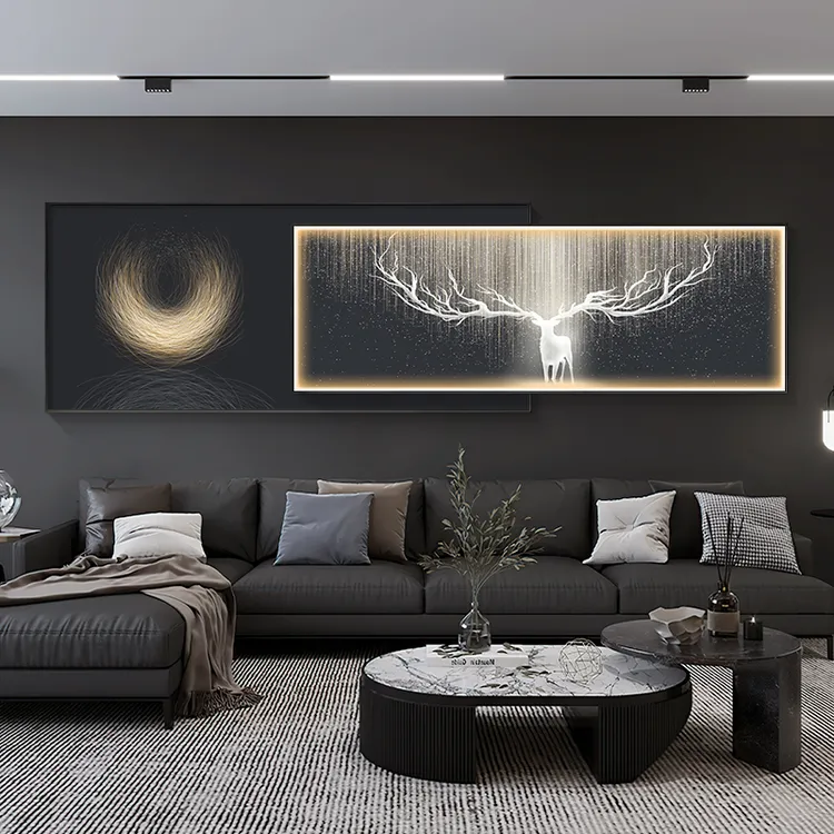 现代轻奢客厅装饰画带灯画叠加画简约抽象沙发背景墙晶瓷挂画