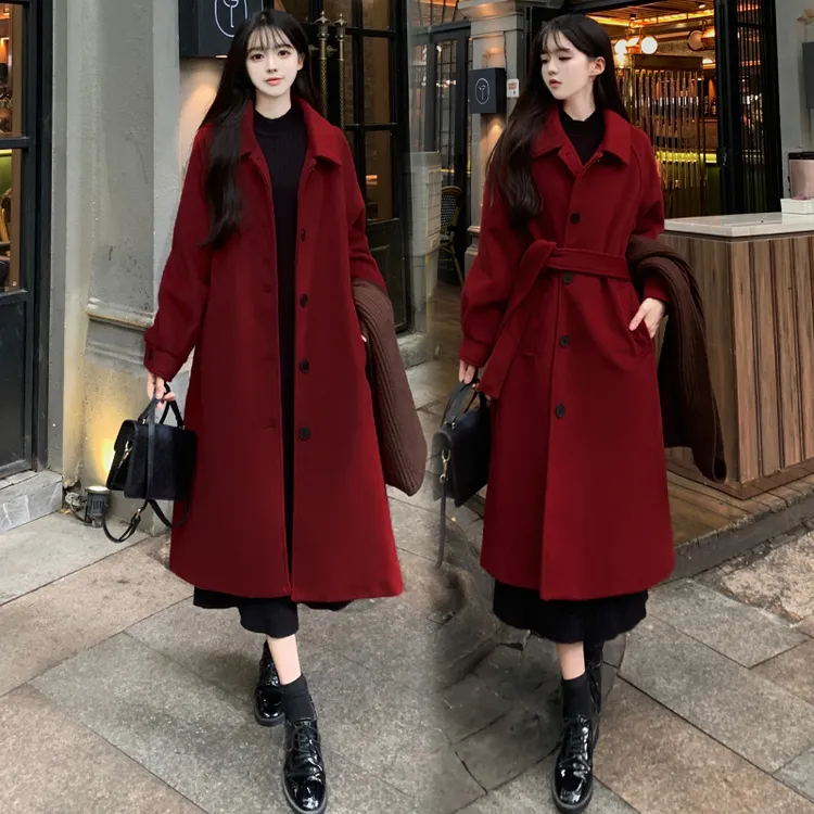秋冬时尚韩版宽松红色系带毛呢夹棉加厚外套女中长款过膝呢子
