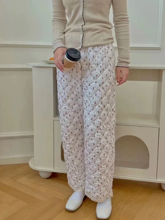 【ZZ STUDIO】韩系面包加绒加厚碎花压花蕾丝边遛弯裤家居裤睡裤