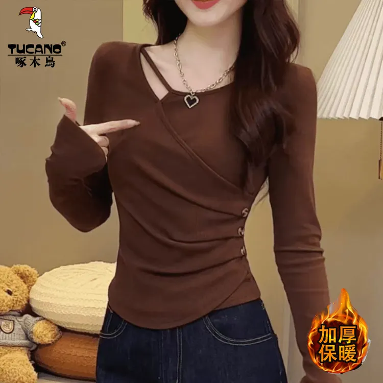 啄木鸟冬季v领加厚德绒长袖打底修身显瘦体恤设计感小众上衣外穿