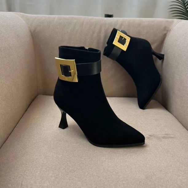 时尚黑色细跟靴子百搭高跟尖头秋冬裸靴跟鞋瘦瘦靴绒里