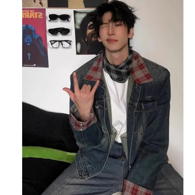 ins美式复古设计感格子拼接做旧牛仔夹克男秋季宽松痞帅情侣外套