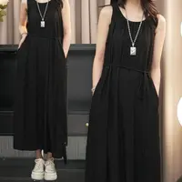 褶皱连衣裙夏季百搭女装无袖连衣裙打底大码显瘦遮肚法式连衣裙