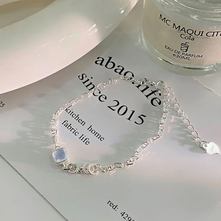 明瑜S925纯银绝美肥方海蓝手链轻奢精致时尚手饰高级感小众显瘦