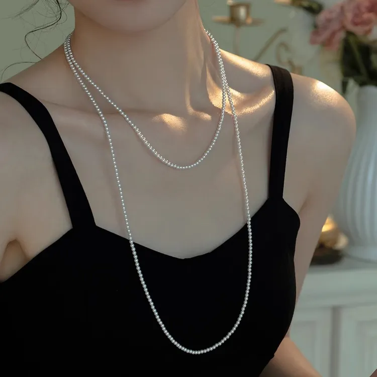 明瑜 S925纯银极细小米珠毛衣链长款珠珠项链轻奢多圈秋冬颈链