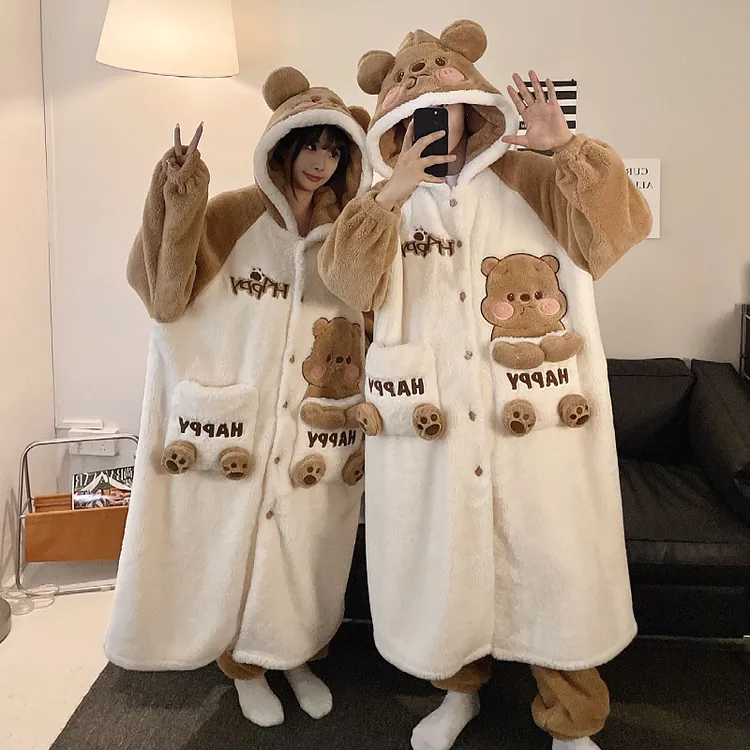 【带裤子】情侣款睡袍秋冬季加厚珊瑚绒长款卡通连帽法兰绒睡衣套装
