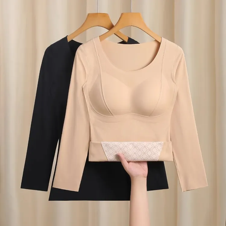 冬季保暖内衣女加绒薄绒带胸垫打底套装大码无痕修身显瘦美体上衣