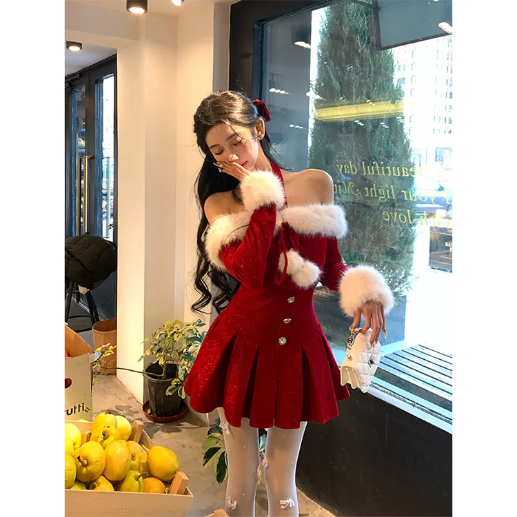 芭比姨【馥郁玫瑰】冬季圣诞约会挂脖连衣裙