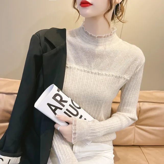 秋冬新款2025针织打底衫修身高弹纯色钉珠气质百搭毛衣女内搭上衣