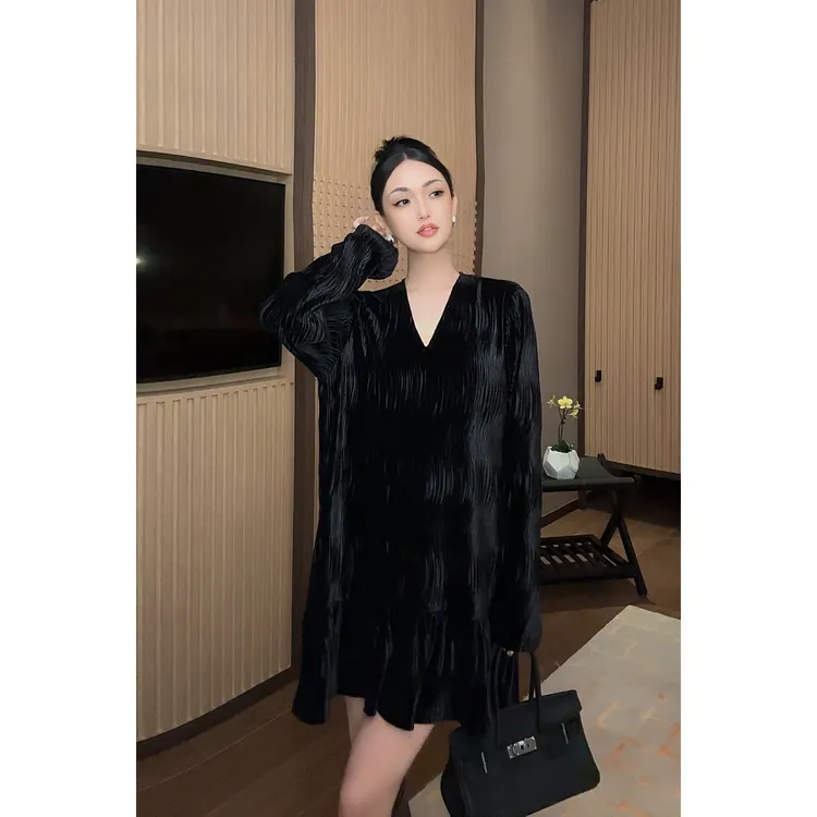 紫紫  流动美学 浪感经编绒减龄气质长袖新款连衣裙女ZC06LZHJ114