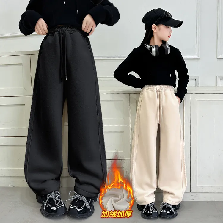 女童加绒裤子2024新款时髦休闲阔腿裤冬季儿童洋气加厚宽松卫裤潮