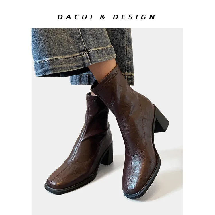 奥黛丽好笨气质短靴女2025秋冬弹力瘦瘦靴方头靴软皮不累脚粗跟靴