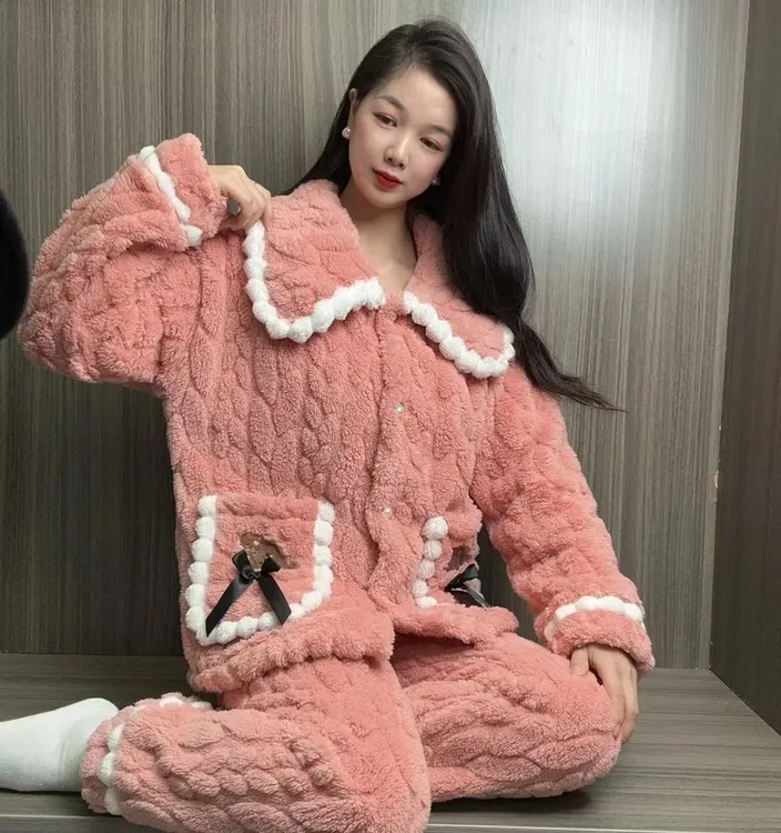 9【蜜桃粉小熊可外穿加绒加厚珊瑚绒北极绒女珊瑚绒睡衣套装女款