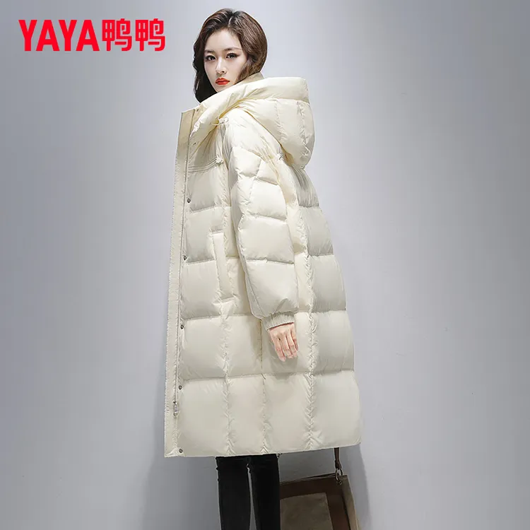 鸭鸭2025年冬季廓形宽松保暖中长款女士羽绒服鸭绒连帽加厚外套