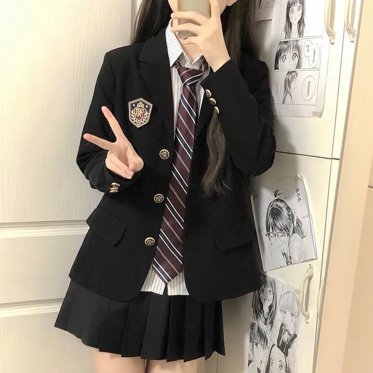 春秋西装外套女大学生答辩面试正装绀色jk制服三粒扣收腰西服上衣