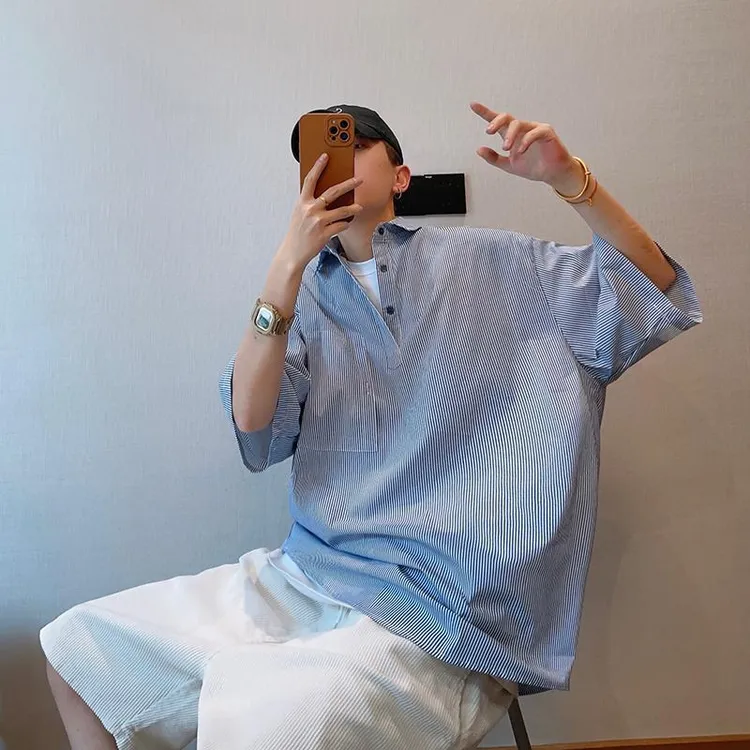 大码男款男装夏潮牌夏季休闲条纹薄款短袖衬衫半袖网红衬衣打底