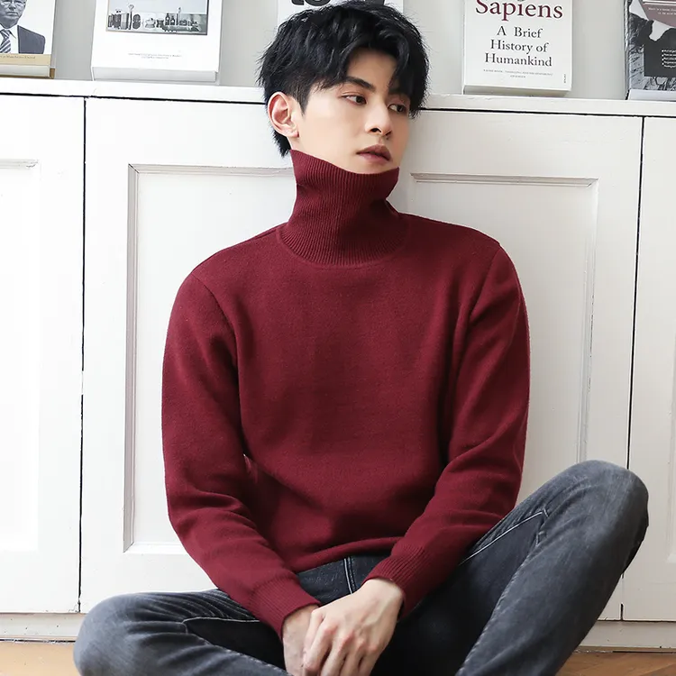 高领毛衣男士秋冬季一体绒保暖针织衫打底衫加厚加绒外套红色长领