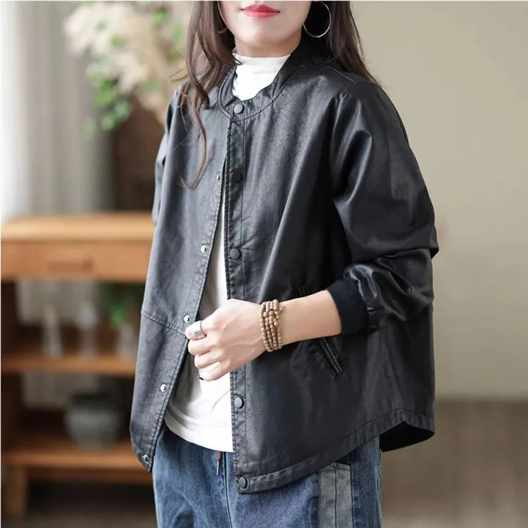2025新款短款外套春装女士上衣宽松显瘦黑色纽扣夹克女装PU皮衣