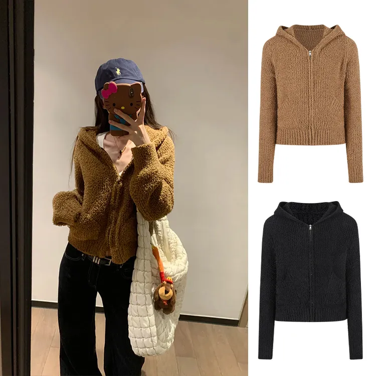 Moses Queen/魔西女王小个子连帽毛衣半边绒针织衫短外套显瘦开衫