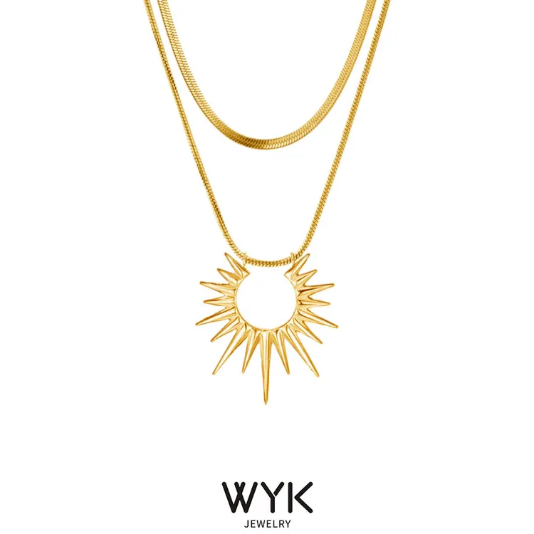 钛钢吊坠 正品太阳吊坠双层项链女轻奢小众镀18k金叠戴锁骨颈链