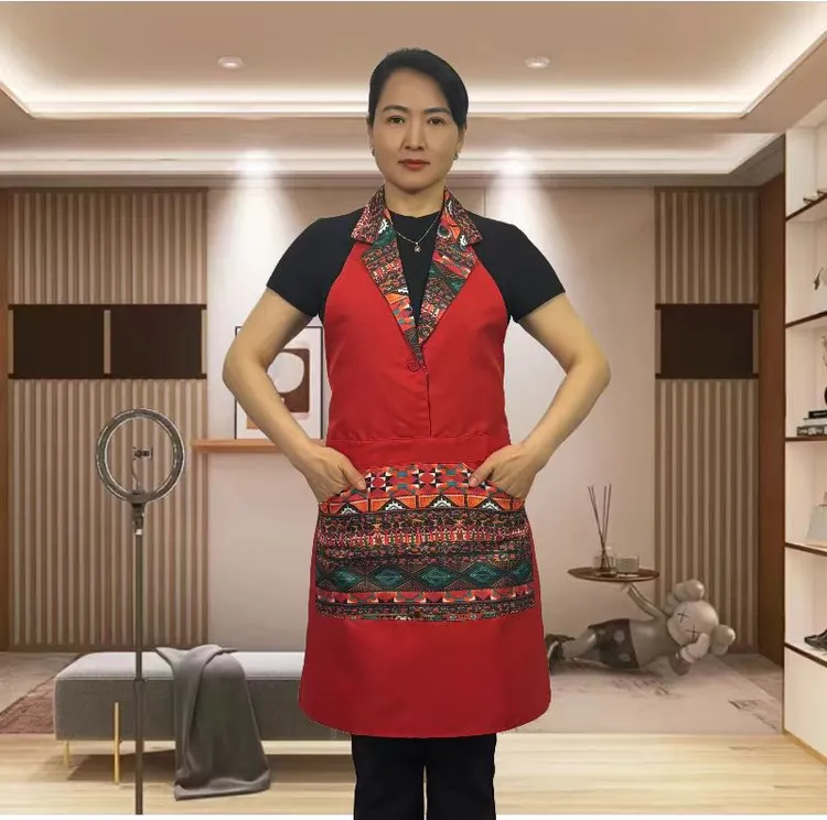 网红国潮民族风西装翻领围裙厨房成人新款餐饮美容院防水做饭围裙