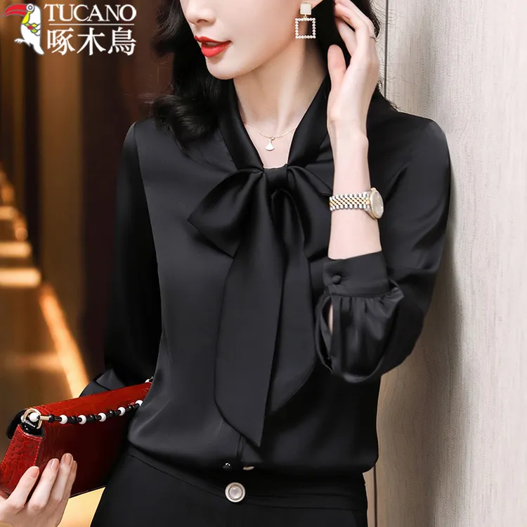 TUCANO/啄木鳥蝴蝶结绸缎面衬衫女长袖上衣春秋新款时尚职业衬衣