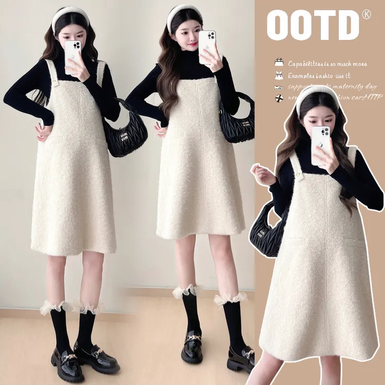 产后辣妈减龄装辣妈秋冬新款孕妇装毛呢套装减龄背带裙+打底毛衣