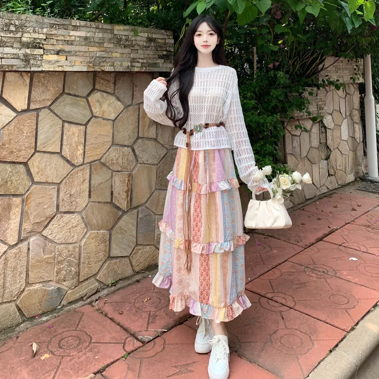 2025大码女装度假旅游穿搭套装女民族风半身裙镂空上衣两件套