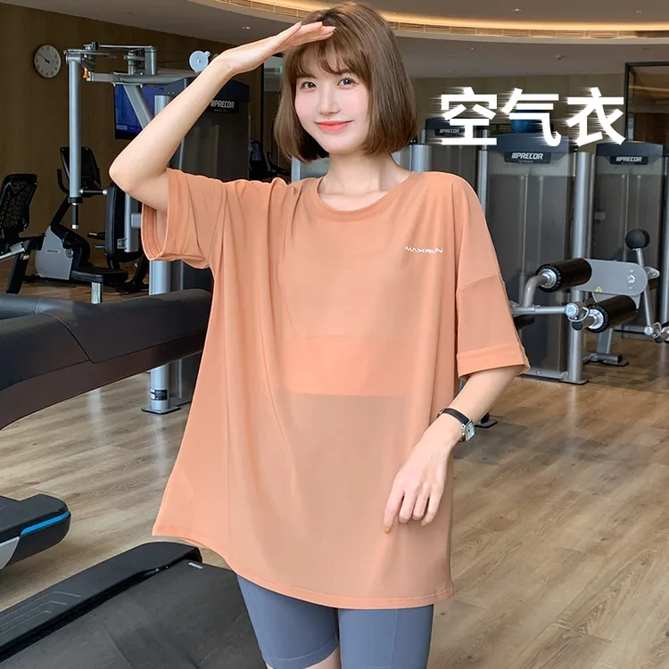 大码健身服微胖瑜伽服夏速干薄款运动T恤宽松跑步网纱罩衫短袖C5