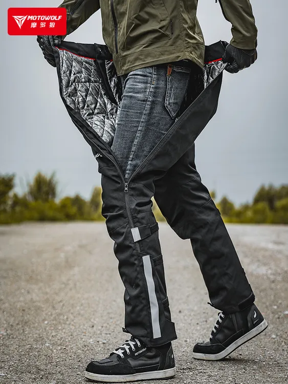 摩多狼摩托车冬季防风裤机车保暖骑行裤男内置护膝护具快拆快脱裤