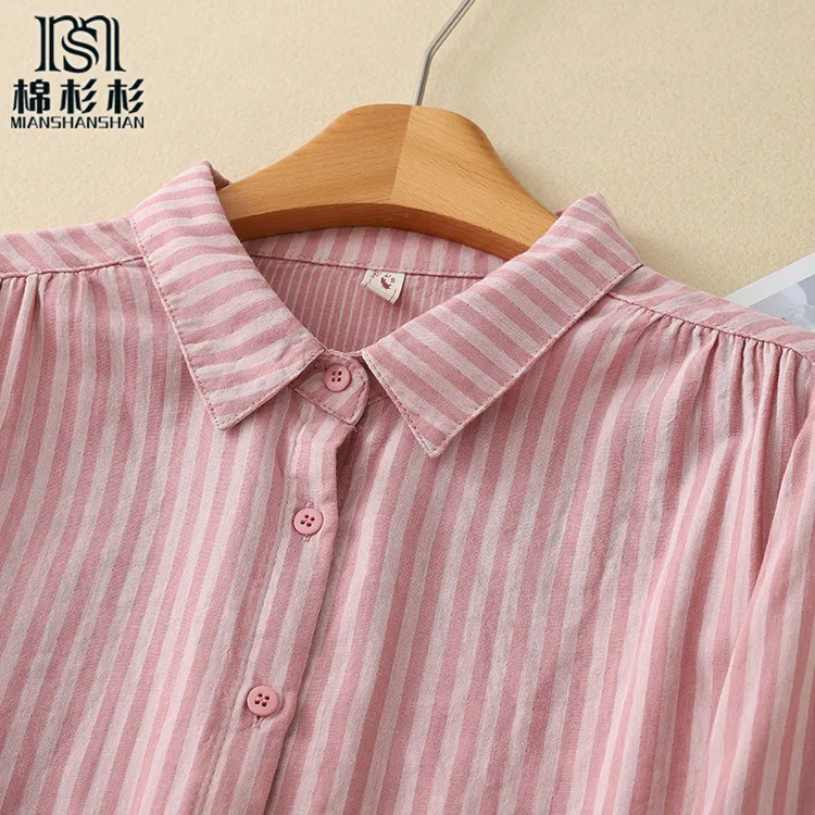 双层棉纱竖条纹 宽条显瘦 色织纯棉宽松气质尖领长袖衬衫女衬衣