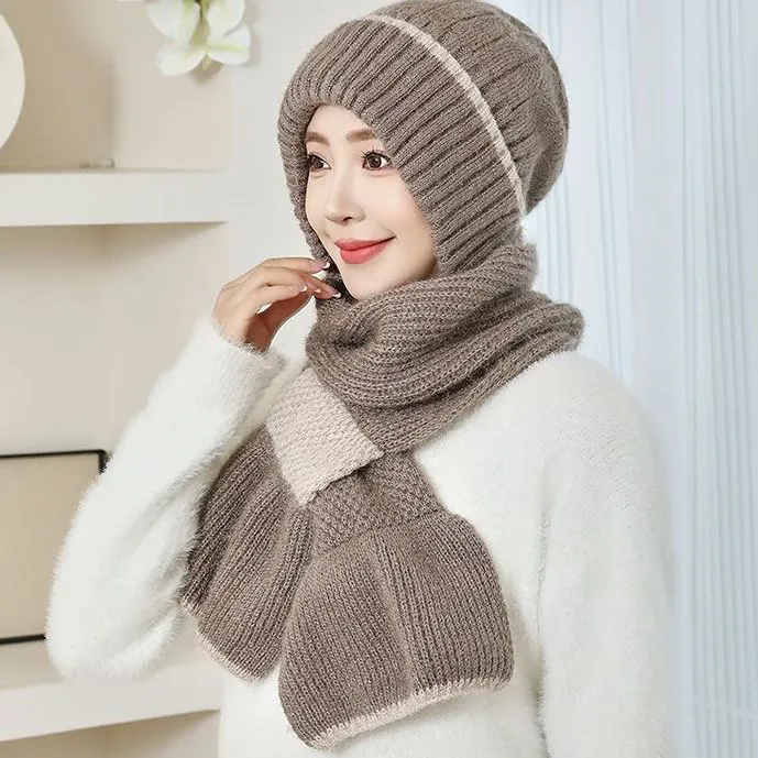 新款秋冬加绒加厚编织风雪帽时尚百搭女士冬天护耳朵帽子围巾一体