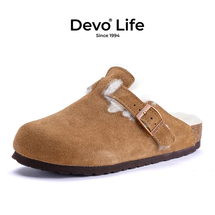 Devo/的沃软木拖鞋冬装上新加绒外穿包头毛毛鞋雅丹时尚女鞋66001