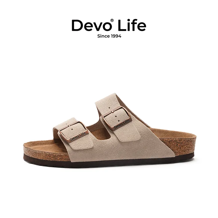 Devo/的沃勃肯鞋女款软木鞋舒适情侣绒面透气搭扣一字拖鞋2618