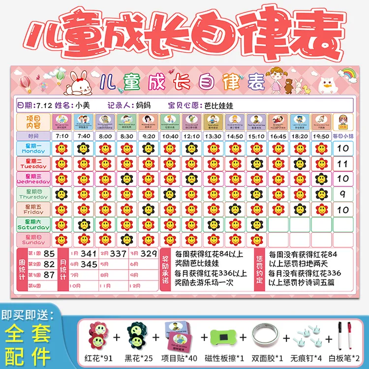 儿童奖励记录表成长自律表家庭表扬墙贴贴纸好习惯养成小红花打卡